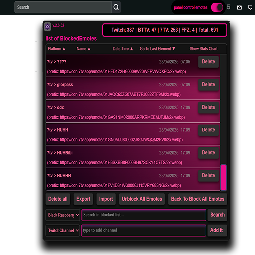 Control Emotes Panel with Black Raspberry theme